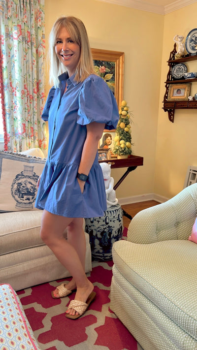 Drop waist cotton swing style dress.  Button-down with puff sleeves.  Periwinkle blue.