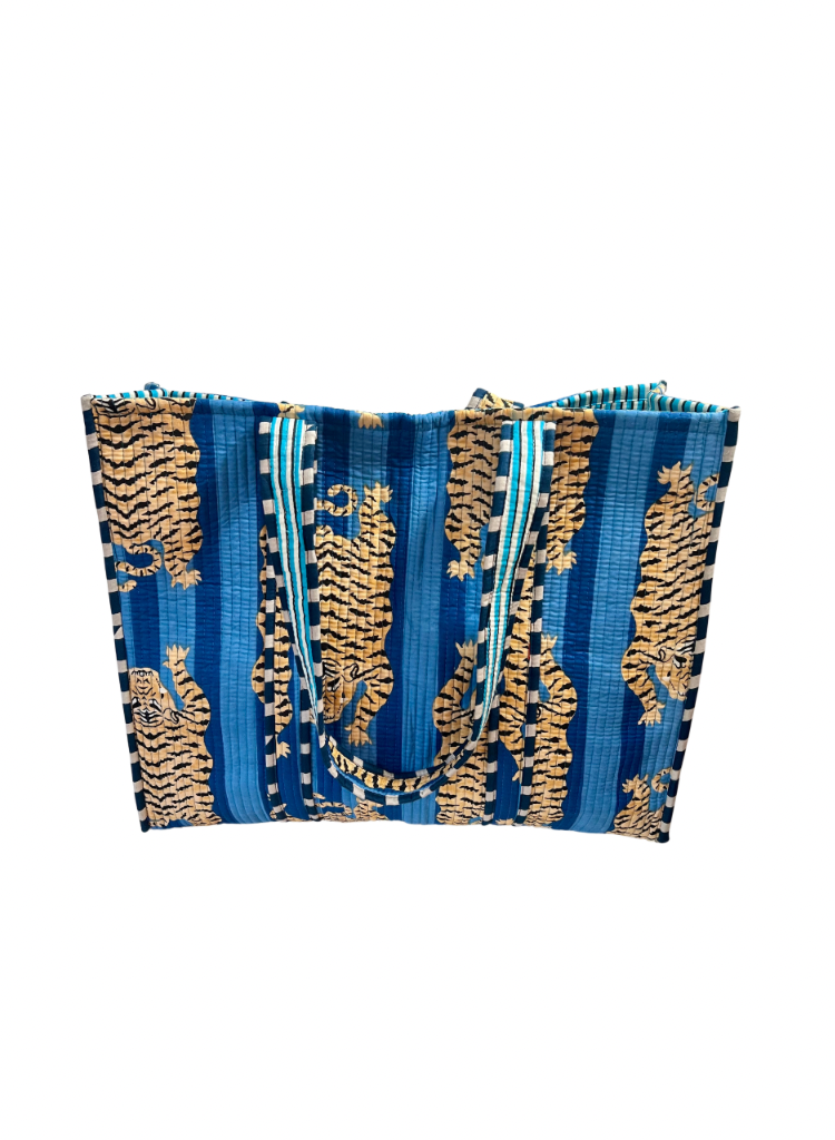 Block Print Tibetan Tiger Tote in Blue Stripe