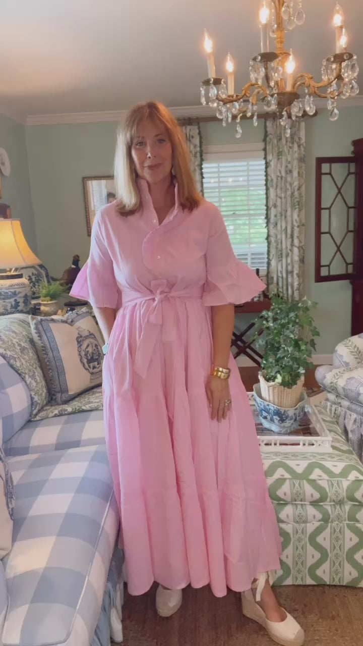 Caroline Ruffled Collar Blockprint Maxi Dress in Pink