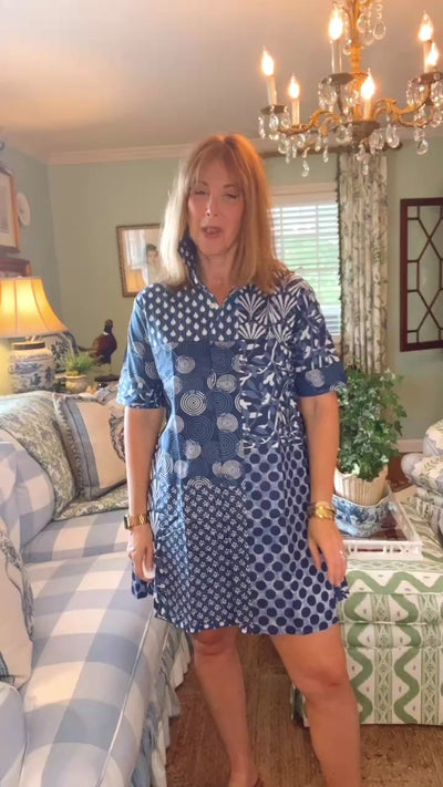 Claudia Collared A-Line Shirt Dress in Navy Patchwork