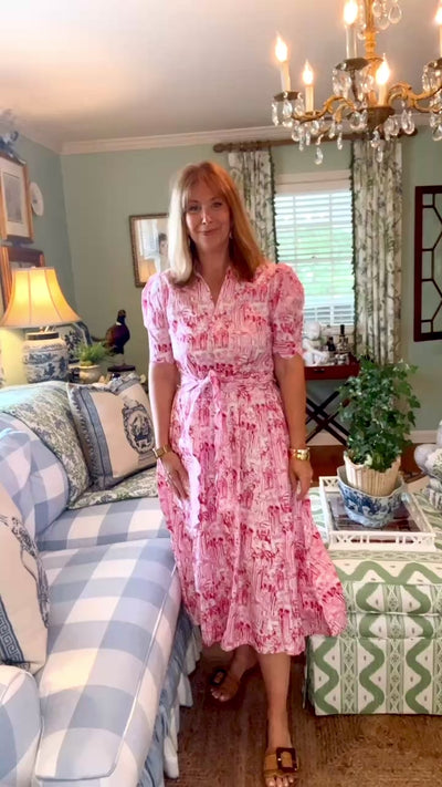 Worth Block Print Scalloped Midi Dress in Pink Toile