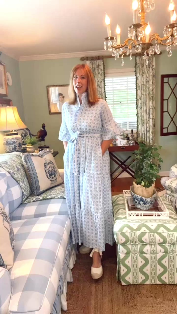 Caroline Ruffled Collar Blockprint Maxi Dress in Blue Basketweave