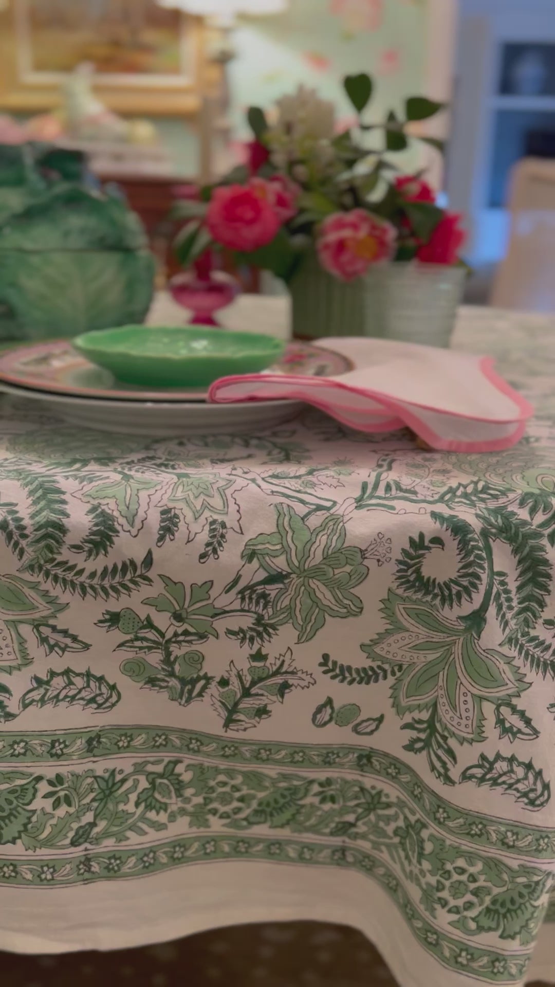Evergreen Floral Blockprint Tablecloth