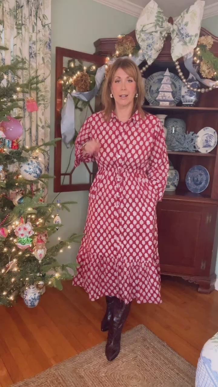 Emory Blockprint Midi Dress in Red